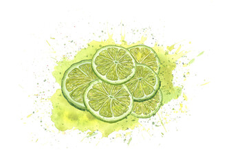 Watercolor fresh lime slices in juice splash isolated on white background. Juicy spray, ripe citrus. Bright illustration for creative design, cocktail party, flyer, posters, postcards