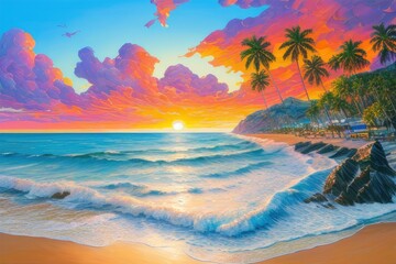 Fototapeta na wymiar A beach scene (sunset) with palm trees and cloudy sky created with Generative AI technology