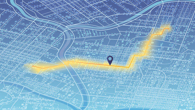 Isometric, futuristic navigate map. Huge city top view. Vector City top view. View from above the map. Abstract transportation background. Skyline urban panorama. Cartography illustration. Widescreen