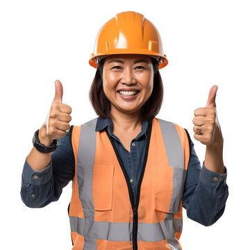 Cheerful Asian Woman Construction Worker Wearing Safety Gear With Thumb Up. Isolated Transparent Background