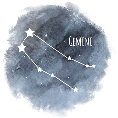 Gemini zodiac sign constellation on watercolor background isolated on white, horoscope character, white constellation in the dark sky © nastyasklyarova