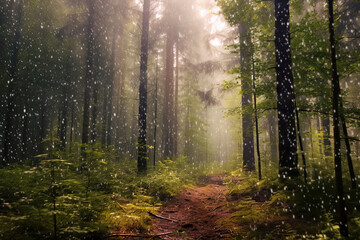 Fototapeta premium Forests landscape. Green trees and trail. Generative ai image.