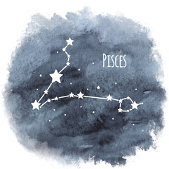 Pisces zodiac sign constellation on watercolor background isolated on white, horoscope character, white constellation in the dark sky