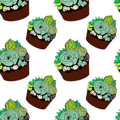 Pattern Cactus Leaves on White Background. Potted house indoor plants set. Green-leaf home decoration, blossomed cactus, succulent growing in flowerpot, planter. Different foliage decor.