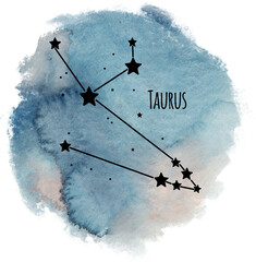 Taurus zodiac sign constellation on watercolor background isolated on white, horoscope character, black constellation in the blue sky - 619934244