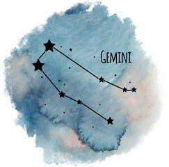 Gemini zodiac sign constellation on watercolor background isolated on white, horoscope character, black constellation in the blue sky - 619934258