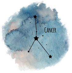 Cancer zodiac sign constellation on watercolor background isolated on white, horoscope character, black constellation in the blue sky - 619934278