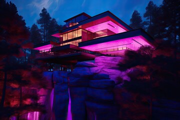 contemporary house with huge windows and ultra pink backlighting in hi-tech style