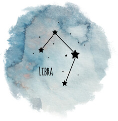 Libra zodiac sign constellation on watercolor background isolated on white, horoscope character, black constellation in the blue sky - 619934284