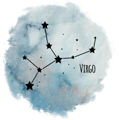 Virgo zodiac sign constellation on watercolor background isolated on white, horoscope character, black constellation in the blue sky - 619934287