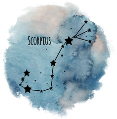 Scorpius zodiac sign constellation on watercolor background isolated on white, horoscope character, black constellation in the blue sky - 619934291