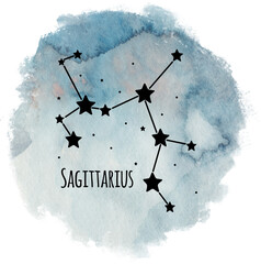 Sagittarius zodiac sign constellation on watercolor background isolated on white, horoscope character, black constellation in the blue sky - 619934294
