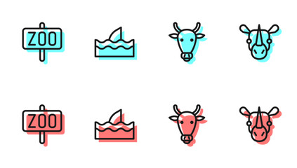 Set line Cow head, Zoo park, Shark fin in ocean wave and Rhinoceros icon. Vector