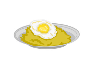 a plate of yellow rice with fried beef eye eggs with white background