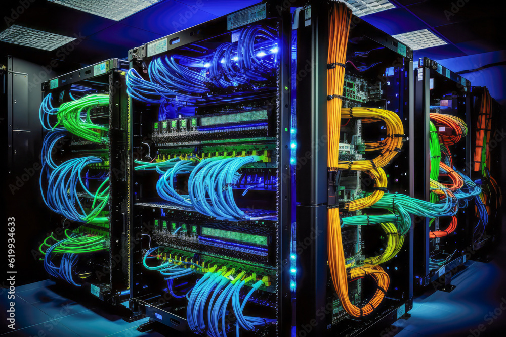 Poster server room data center with racks and rows of server racks. generative ai