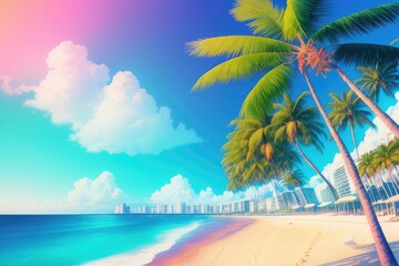 Fototapeta na wymiar A beach with palm trees and a blue sky created with Generative AI technology
