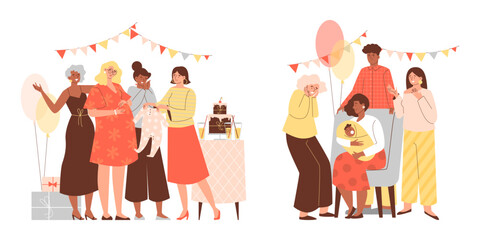 Set of baby shower parties flat style, vector illustration