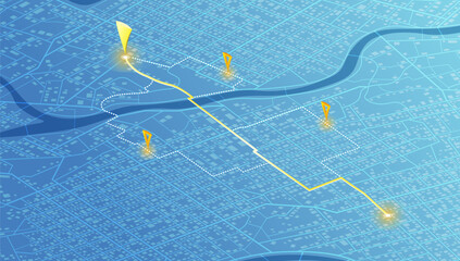 Isometric Gps map navigation to own house. City top view. View from above the map buildings. Detailed view of city. Decorative graphic tourist map. Abstract transportation background. Vector