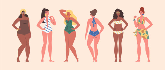 Set of happy women in various swimsuits flat style, vector illustration