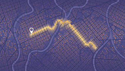 Location tracks dashboard. City street road. City streets and blocks, route distance data, path turns and destination tag or mark. Huge city top view. ector, illustration. Abstract background.
