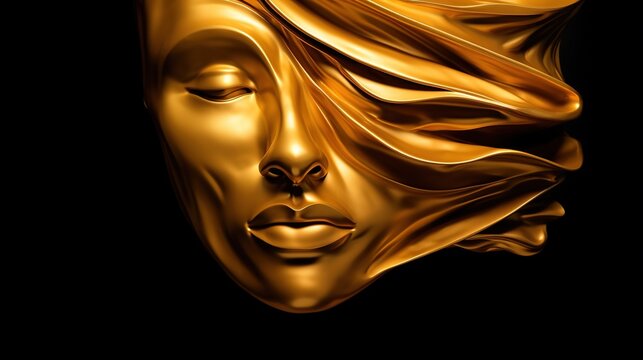 Golden asymmetrical mask on black background. Generative AI. Illustration for cover, card, postcard, interior design, decor, invitations or print.