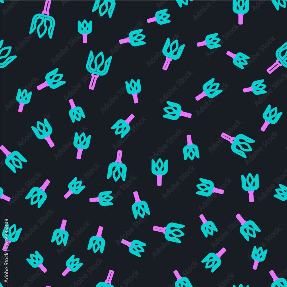 Poster line neptune trident icon isolated seamless pattern on black background. vector
