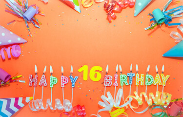 Top view birthday background with number  16. A beautiful holiday postcard on a colorful background...