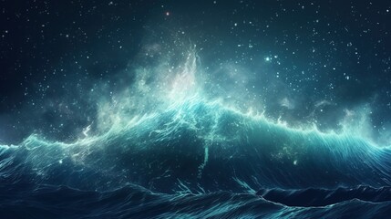Stormy sea at night. Heavy sea. A strong storm with big waves in the ocean. Night thunderstorm. Generative AI. Illustration for banner, poster, cover, brochure or presentation. - obrazy, fototapety, plakaty