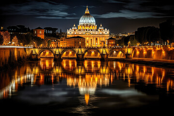 Fototapeta na wymiar St. Peter's Basilica and Tiber river at night, Rome, Italy. Generative AI