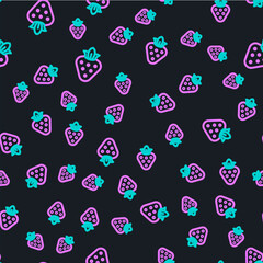 Line Strawberry icon isolated seamless pattern on black background. Vector