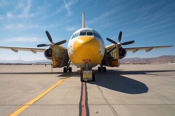 Fototapeta premium Front view of a cargo plane at the airport. Loading transport aircraft in the cargo terminal of the airport. International freight transport and logistics concept. 3D illustration.