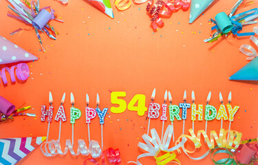 Top view birthday background with number  54. A beautiful holiday postcard on a colorful background...