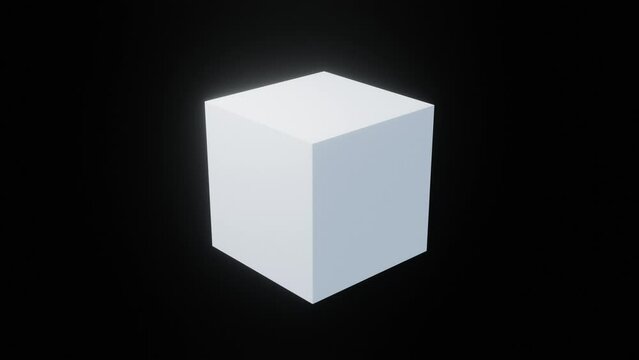 A white cube rotates on its vertical axis in an empty black space. Looping video. Infinite repeating pattern. 3D Rendering