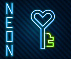 Glowing neon line Key in heart shape icon isolated on black background. Happy Valentines day. Colorful outline concept. Vector