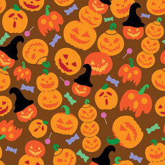 Brown Halloween pumpkin seamless vector background with funny, scary, and angry faces. Halloween vector pattern with pumpkins and sweets.