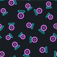 Line Boxing gong icon isolated seamless pattern on black background. Boxing bell. Vector