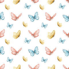 Seamless pattern with vintage set of various colored butterflies isolated on white background. Watercolor hand drawn illustration sketch