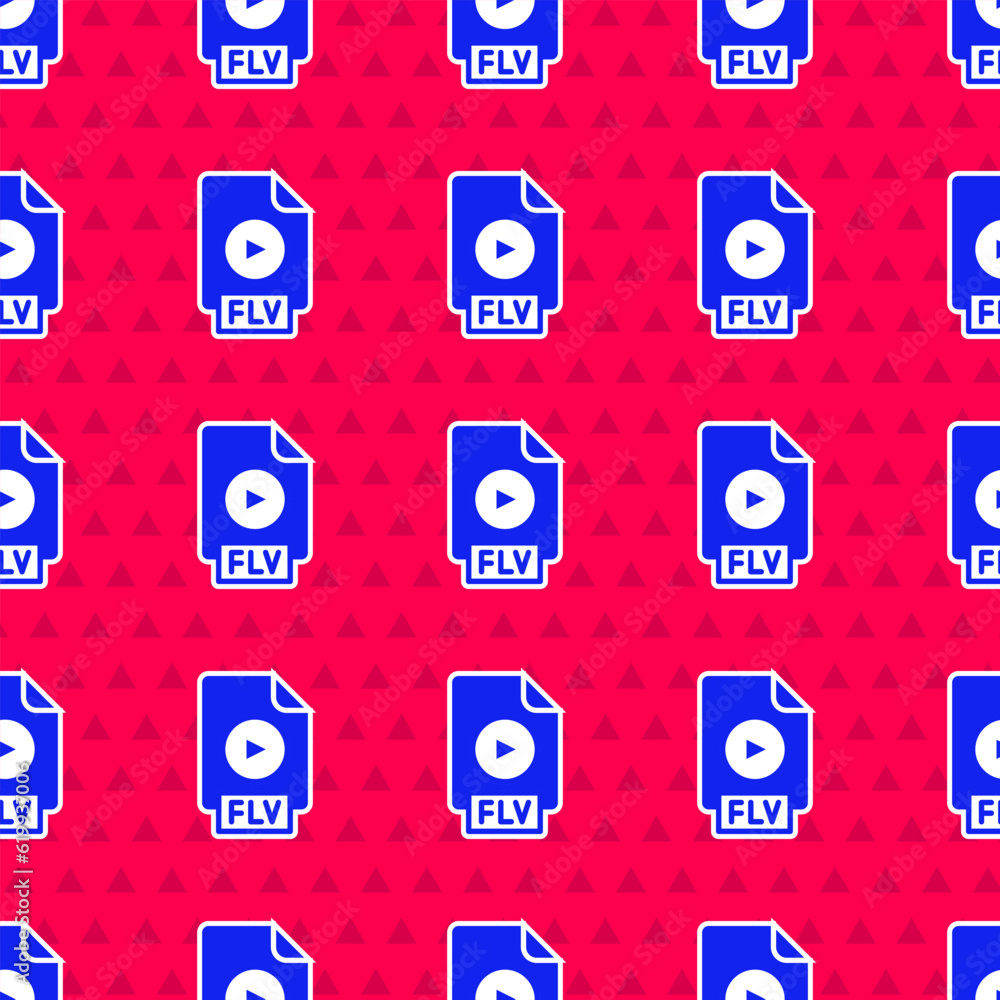 Poster blue flv file document video file format. download flv button icon isolated seamless pattern on red 