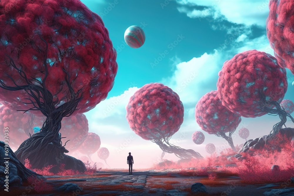 Poster a person standing in the midst of a field that is encircled on all sides by trees