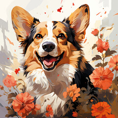 Welsh Corgi Dog with flowers close-up watercolor illustration.

