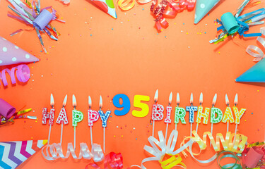 Top view birthday background with number  95. A beautiful holiday postcard on a colorful background...