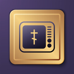 Obraz premium Purple Online church pastor preaching video streaming icon isolated on purple background. Online church of Jesus Christ. Gold square button. Vector