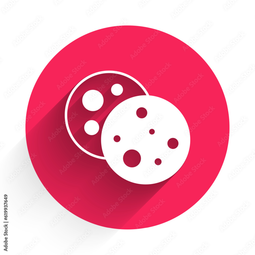 Poster white cookie or biscuit with chocolate icon isolated with long shadow background. red circle button.