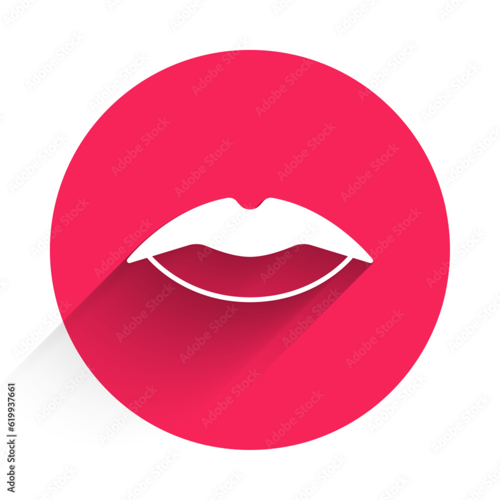 Poster white smiling lips icon isolated with long shadow background. smile symbol. red circle button. vecto