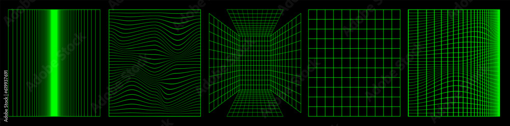 Poster Set of abstract aesthetic y2k geometric elements and 3D wireframe shapes. Neon retro line design elements. Vector illustration for social networks or posters. EPS 10