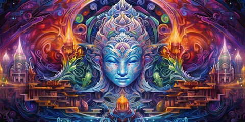 An intricate, psychedelic swirl of religious icons and symbols, tie - dye color scheme, glowing edges, mirroring fractal design, ultra HD
