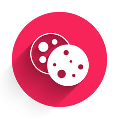 White Cookie or biscuit with chocolate icon isolated with long shadow background. Red circle button. Vector