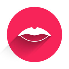White Smiling lips icon isolated with long shadow background. Smile symbol. Red circle button. Vector