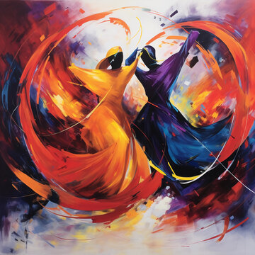 Harmonious dance of abstract and iconic symbols, intertwining, bursting with vibrant hues and textures, painted with thick oil on large canvas, strong emphasis on color and movement, dynamic compositi