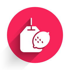 White Tea bag with lemon icon isolated with long shadow background. Red circle button. Vector